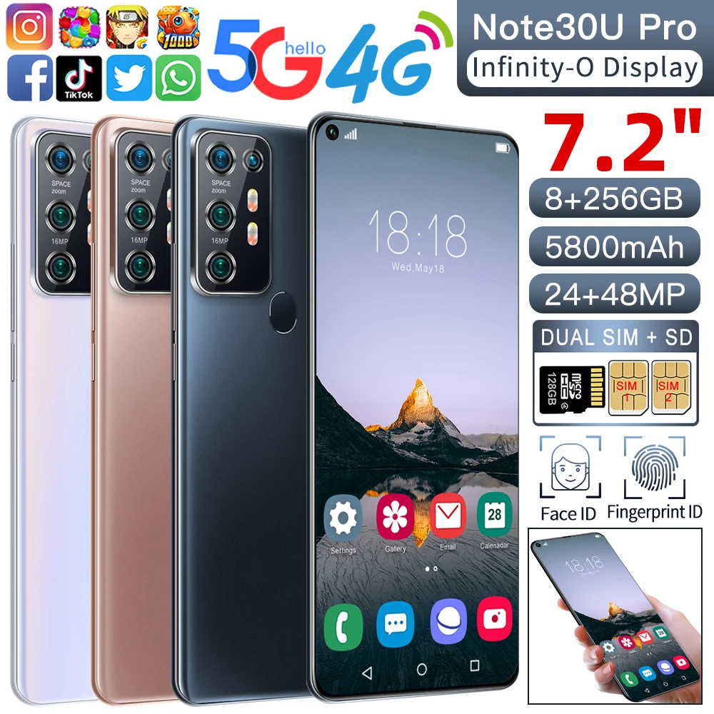 

Note30U Pro Snapdragon 865 Mobile Phone 5000mAh 7.2HD Full Screen Dual Card Deca Core 8G+256G 2020 Newest Cellphone 5G Network