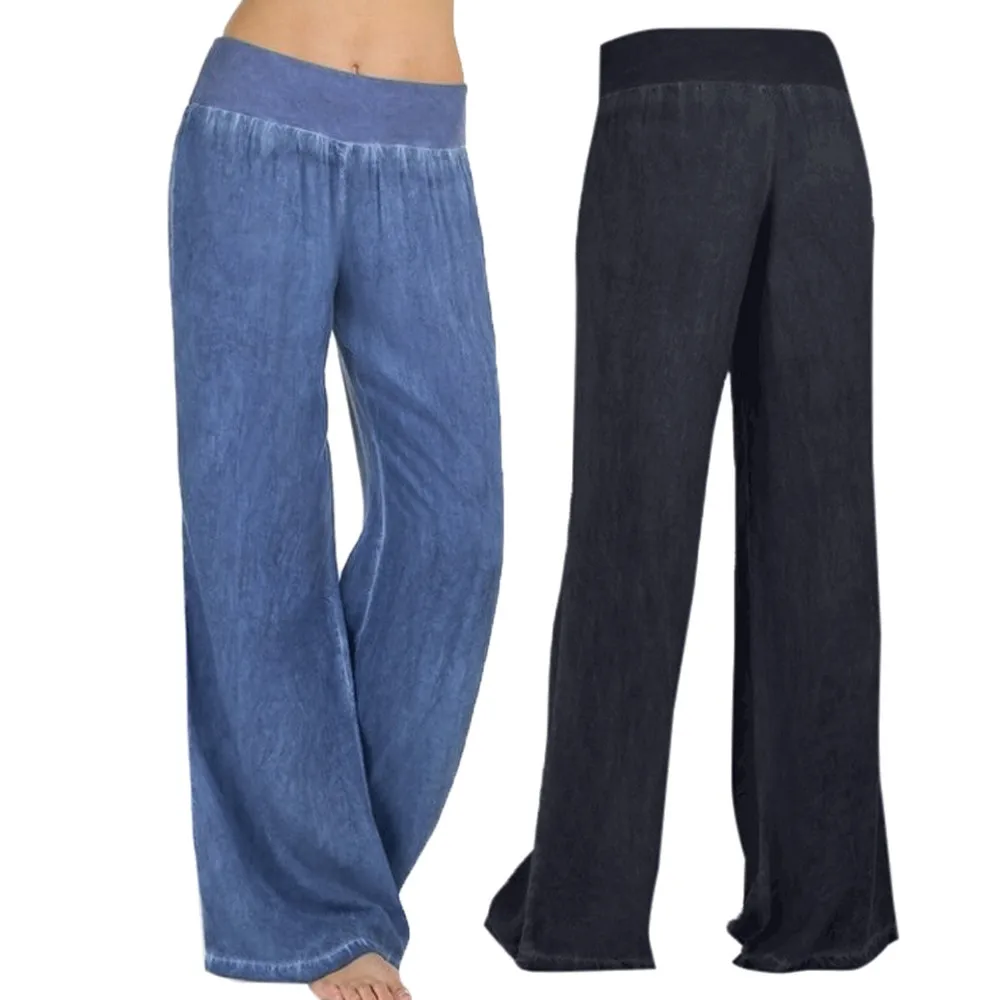 

Women Casual High Waist Elasticity Denim Wide Leg Palazzo Pants Jeans Trousers Dropshipping Winter 2021 Fashion Work clothes