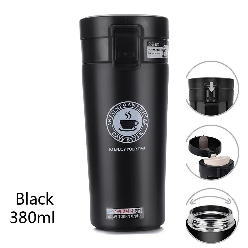 Black 380ml Термос из нержавеющей стали для машины, кружка для кофе, чашка для путешествий, термос с двойными стенками, кофейная кружка, Термокружка, Термокружка - Цвет: Black 380ml