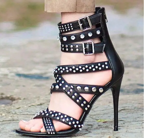 

Женские модные черные кожаные сандалии-гладиаторы Dipsloot с шипами и заклепками, женские классические туфли в римском стиле на молнии сзади