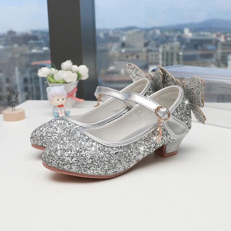 

2022 Princess Kids Leather Shoes Casual Rhinestones Shining Children High Heel Butterfly Decorate Party and Wedding Girls Shoe