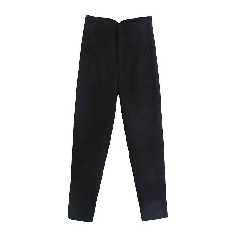 

High Waist Pleated Solid Straight Long Pants Side Pockets Zipper Fly Trousers 2021 Summer Chic Simple Mujer Pantalones