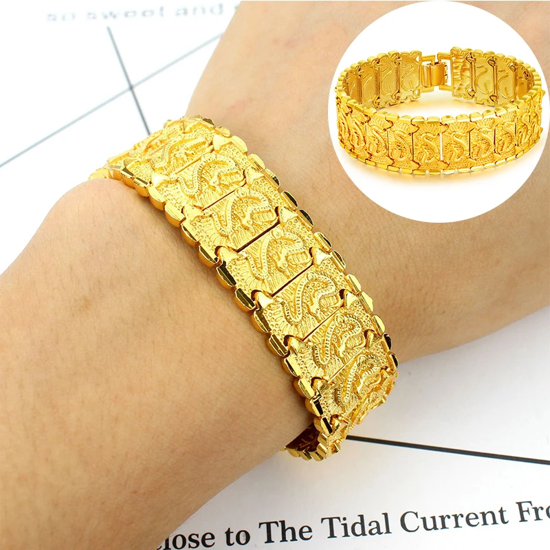 

Браслет с золотым покрытием для мужчин, Изящные Ювелирные украшения для свадьбы и помолвки, с изображением дракона, цвет желтый, 24 к