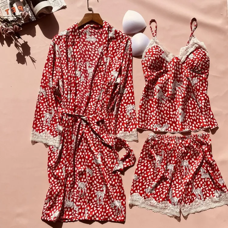 

Pajamas Home Wear Sexy Kimono Robe Gown Women Loose Sleepwear 3PCS Sleep Set Print Polka Dot Satin Pyjamas Intimate Lingeire