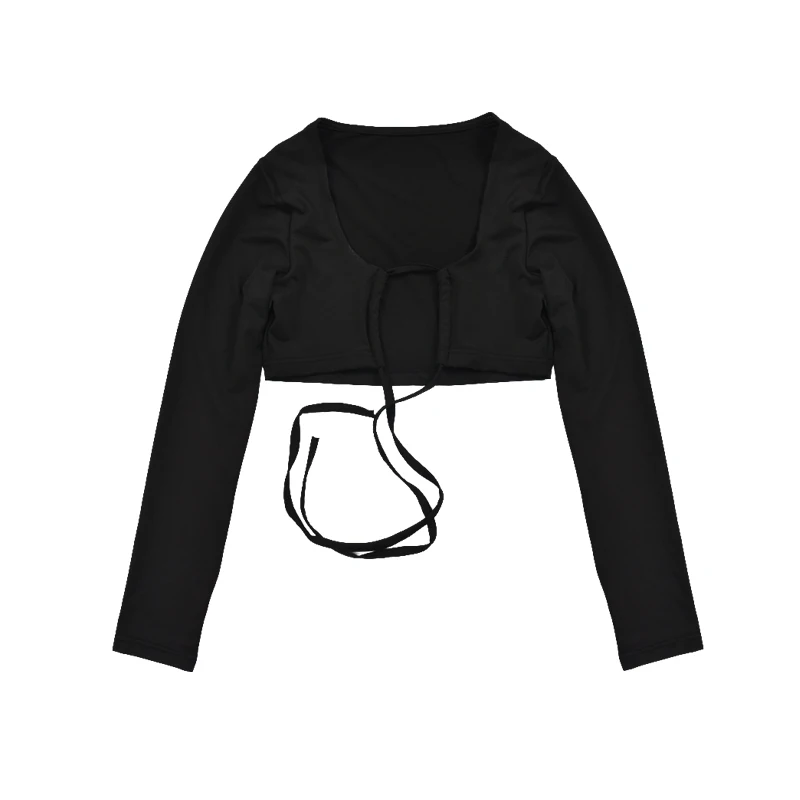 

Yitimuceng Shirts for Women Sexy Tops White Black Fashion Bustier Sexy Club Drawstring Tees Short Solid Long Sleeve Clothing