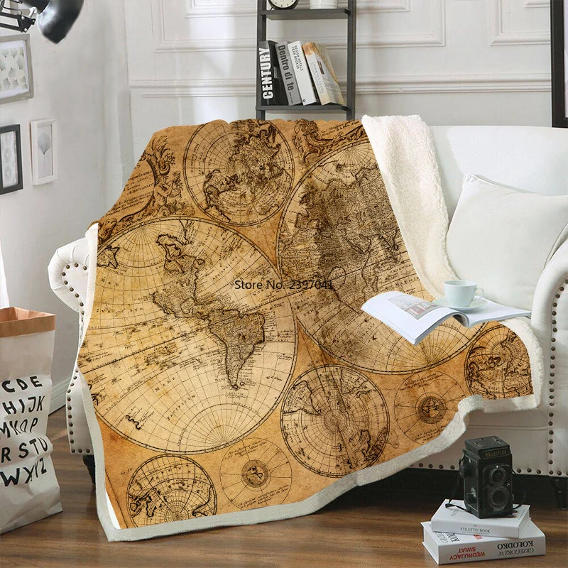 

3D Retro World Map Printed Sherpa Blanket Couch Quilt Cover Travel Bedding Velvet Plush Throw Fleece Blanket Bedspread