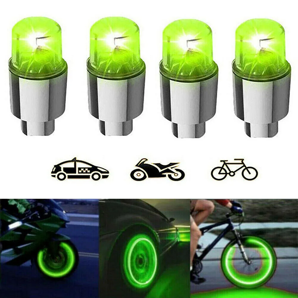 

4X Car Tire Tyre Wheel Dust Stem Air Valve Cap Stem LED Light Cover Accessory Green Auto Wheel Lights For Bike Car Motocycle