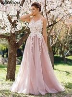 2021 light pink prom dress women formal party elegant a line vestidos de gala appliques lace sleeveless tulle long evening gowns