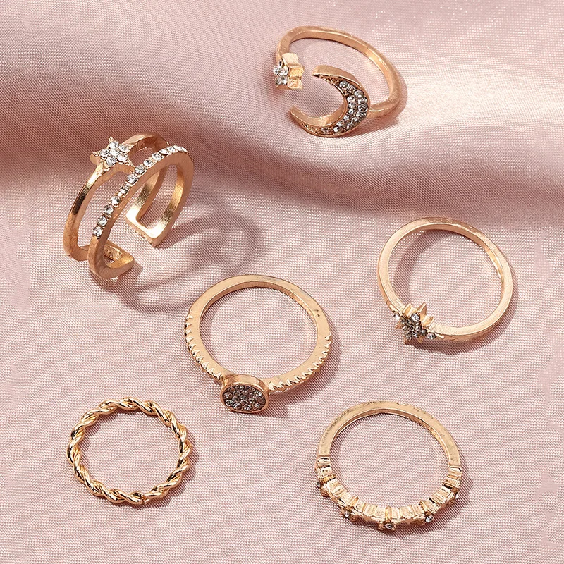 

6Pcs/set Bohemian Vintahe Crystal Gold Star Moon Joint Rings Set For Women Simple Fashion Party Ring Wedding Jewelry Accessories
