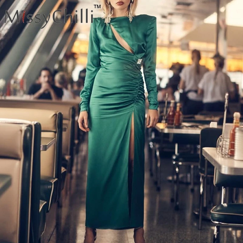 Женское атласное платье с длинным рукавом MissyChilli зеленое элегантное облегающее