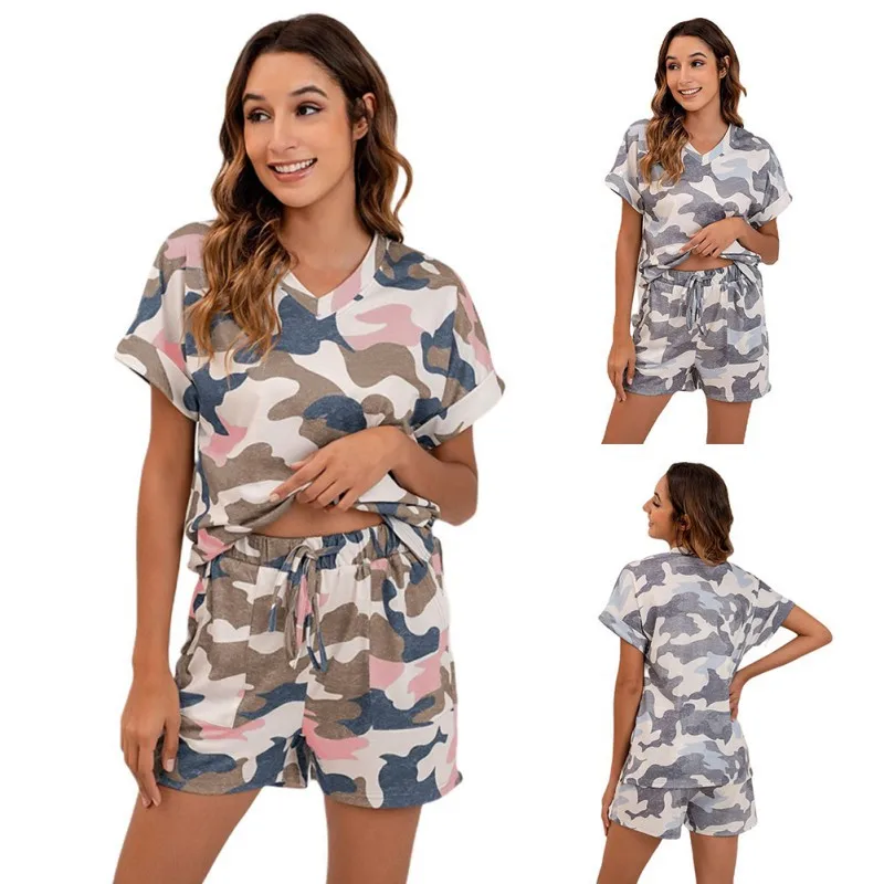 

Summer Women Casual Homewear Two Pieces Set Short Sleeve T Shirts and Shorts Camouflage Print Outfits
