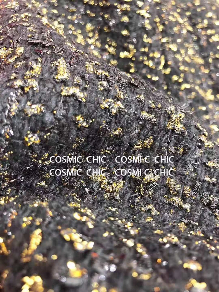 Cosmicchic, женское осеннее Элегантное Черное короткое пальто, роскошная шерстяная твидовая куртка с длинным рукавом, золотая нить, плетение, OL, Женская куртка
