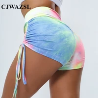 womens yoga shorts multicolor lace up design tie dye mid waist shorts running fitness cycling sportswear