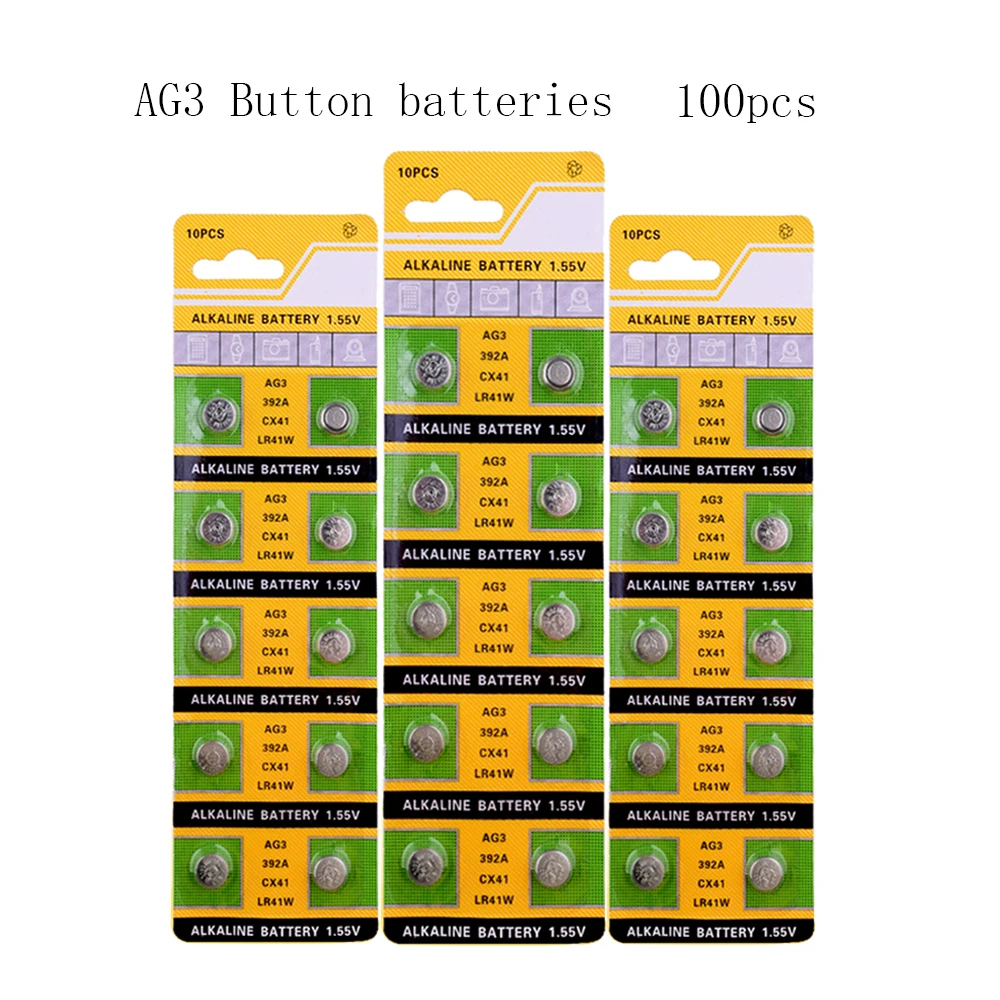 

AG3 100 шт. AG 3 35 мА · ч Щелочная батарейка-кнопка 1,55 в SR41 192 1,55 в L736 SR41SW 384 CX41 LR41 392 для часов, игрушек, пультов дистанционного управления