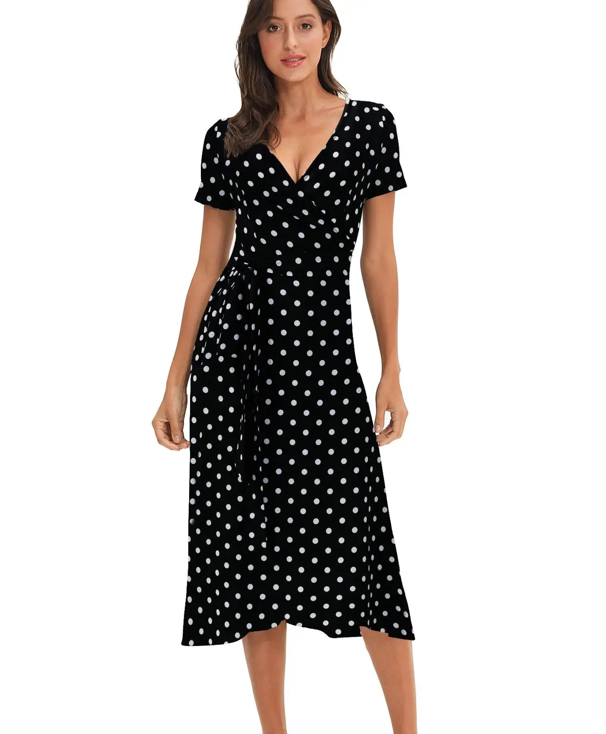 

Boho Polka Dot Women Long Dress V Neck Short Sleeve Floral Beach Dresses With Belt Vestidos M30242