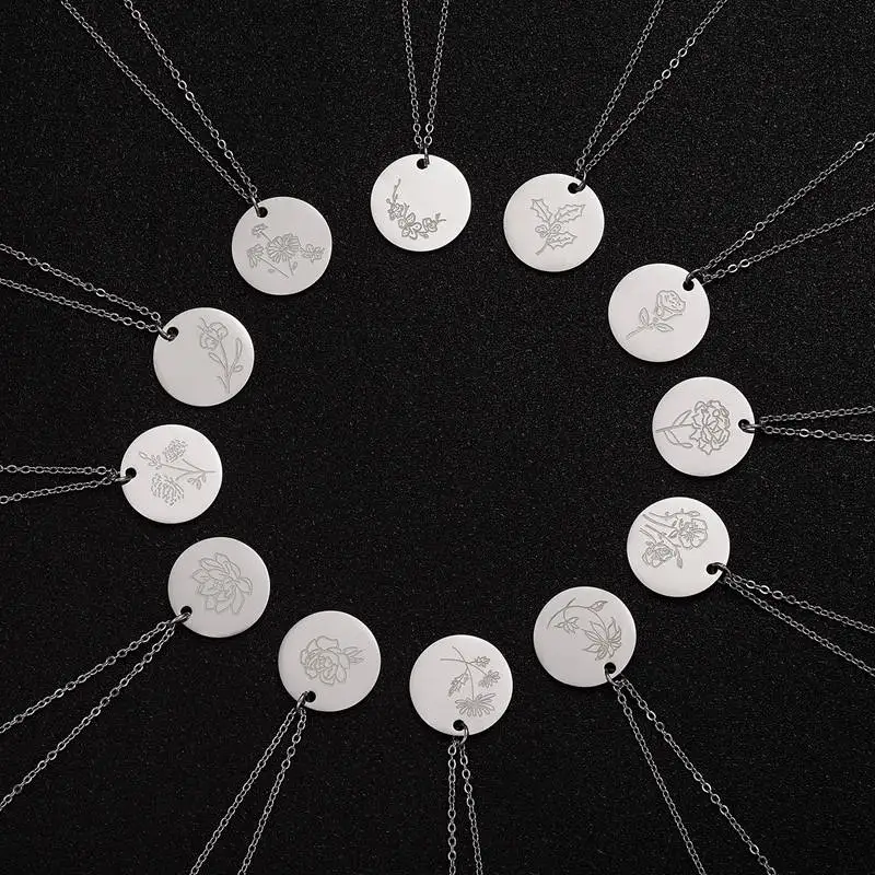 

New Stainless Steel Month Flower Pendant Necklace For Women Rose Lotus Daisy Silver Color Chain Birthday Jewelry Couple Gifts