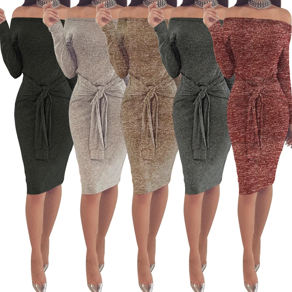 Косая Шея Подходящий Платье Миди Черное С Плеча Собранная Талия Ремень