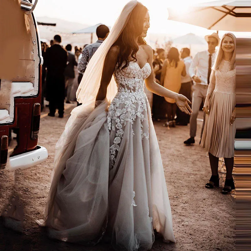 

2020 арабские сексуальные кружевные пляжные свадебные платья Бохо С Бисером сердечком с высоким разрезом свадебные платья