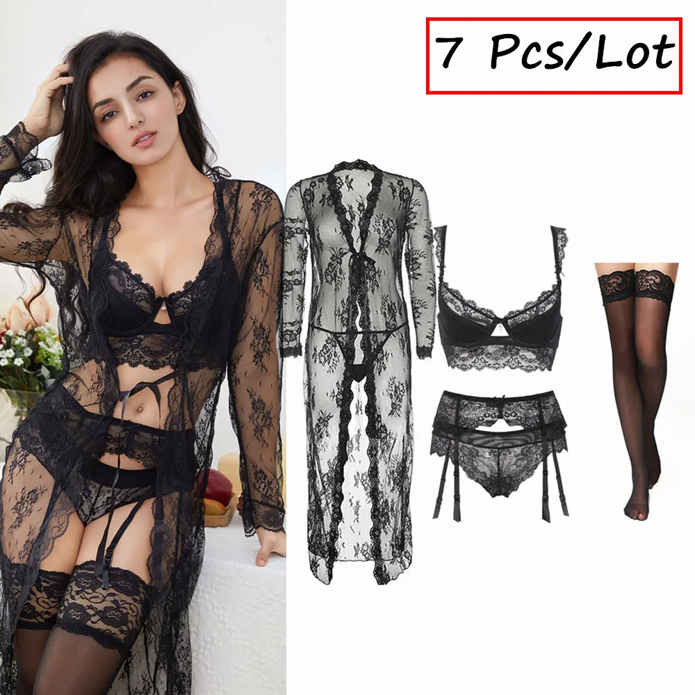 Sexy Lace Underwear Set Robe+Bra+ Panties+ Stockings +Y-line Straps + thong + garter 7 Piece For Lady