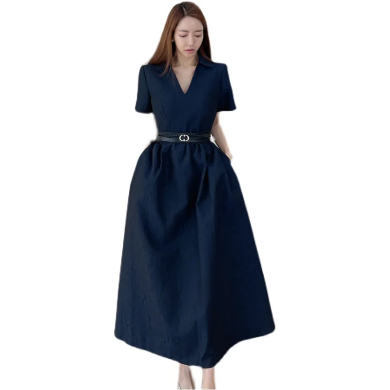 

summer deep V lapel Long dress short sleeve belt new fashion temperament thin elegant sexy office party for women dresses