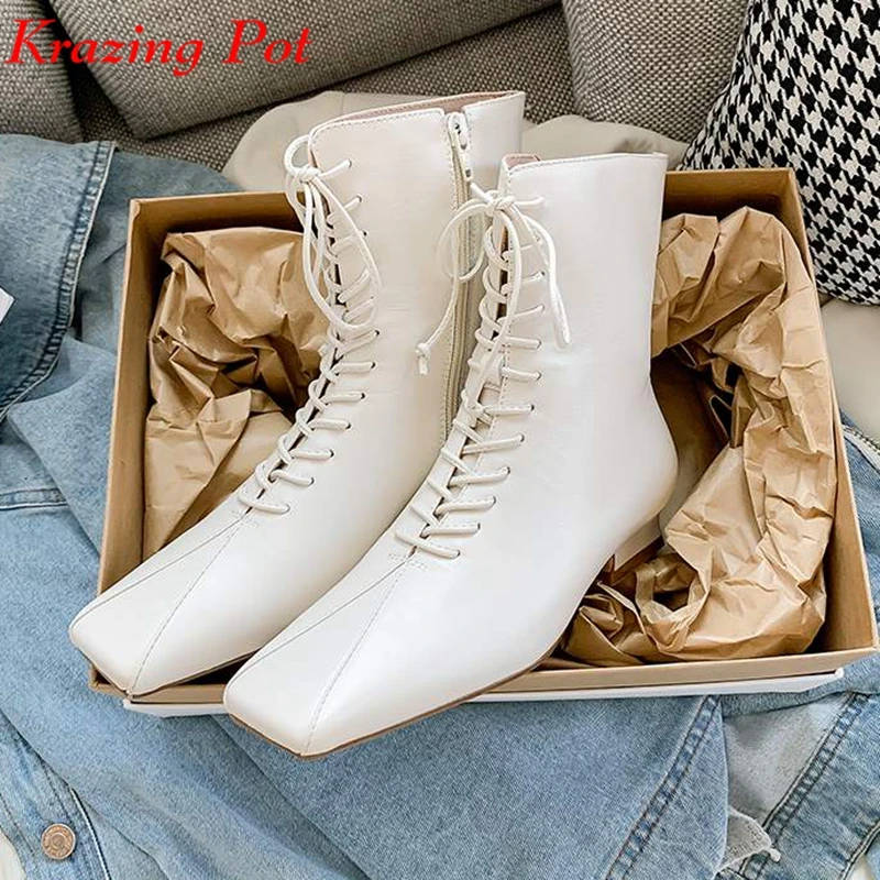 

Lenkisen big size cow leather Chelsea boots thick low heels winter shoes party dating sewing casual cross-tied ankle boots