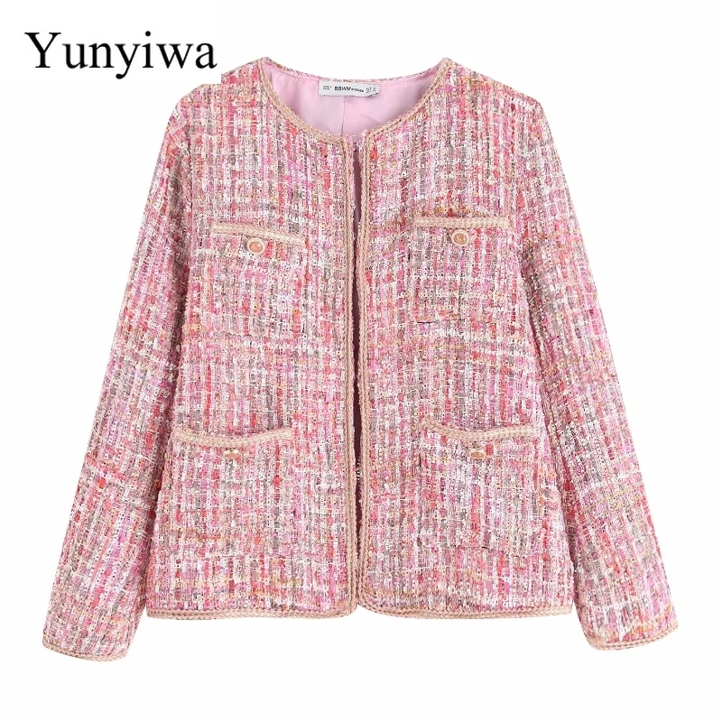 2020 Женская милая твидовая куртка с круглым вырезом и цветами женское
