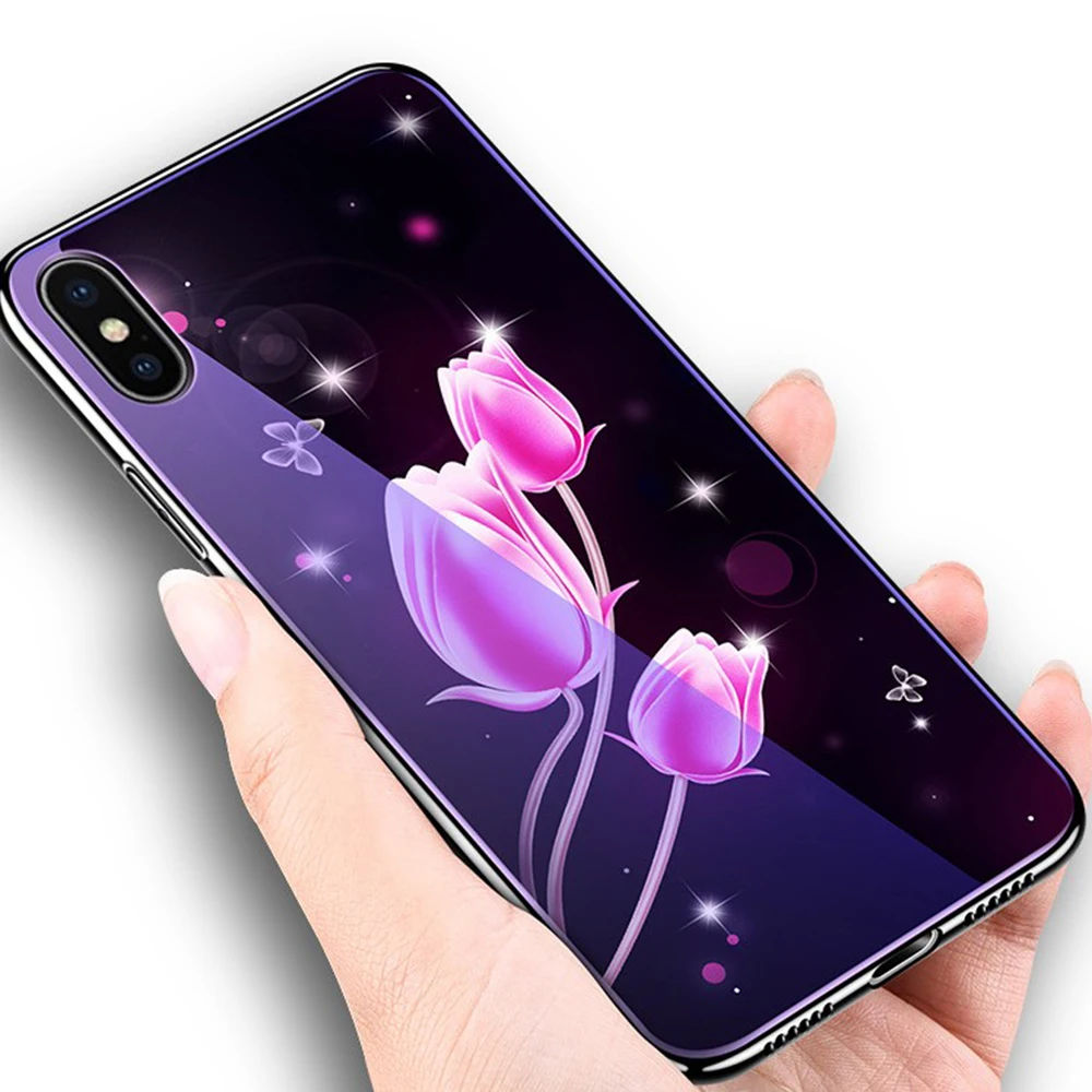 

Luxury Electroplate Floral Flower Phone Case For iPhone 11 Pro Max X Xr Xs 6 6S 7 8 Plus Glass Creative Plating Protection Shell