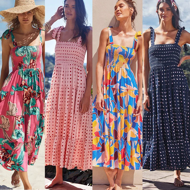

summer women's dress 2021 sexy dress Beach Style Fit and Flare Shirring Spaghetti Strap Slash neck pringting dress