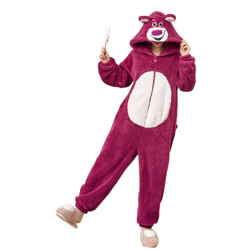 Women Onesies Pajamas Strawberry Bear Kigurumi Thick Coral Velvet Loungewear Women's Home Wear One-piece Jumpsuit for Winter