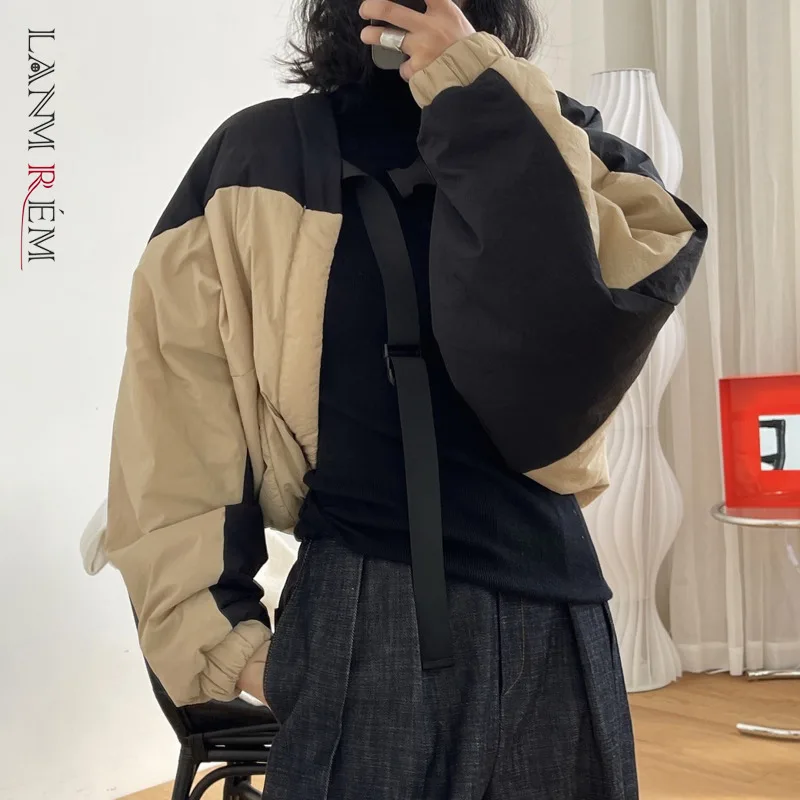 

LANMREM 2021 Autumn Winter New Design Shawl Cotton Coat Female Long Sleeve Loose Warm Short Outwear Women's Fashion 2W2063