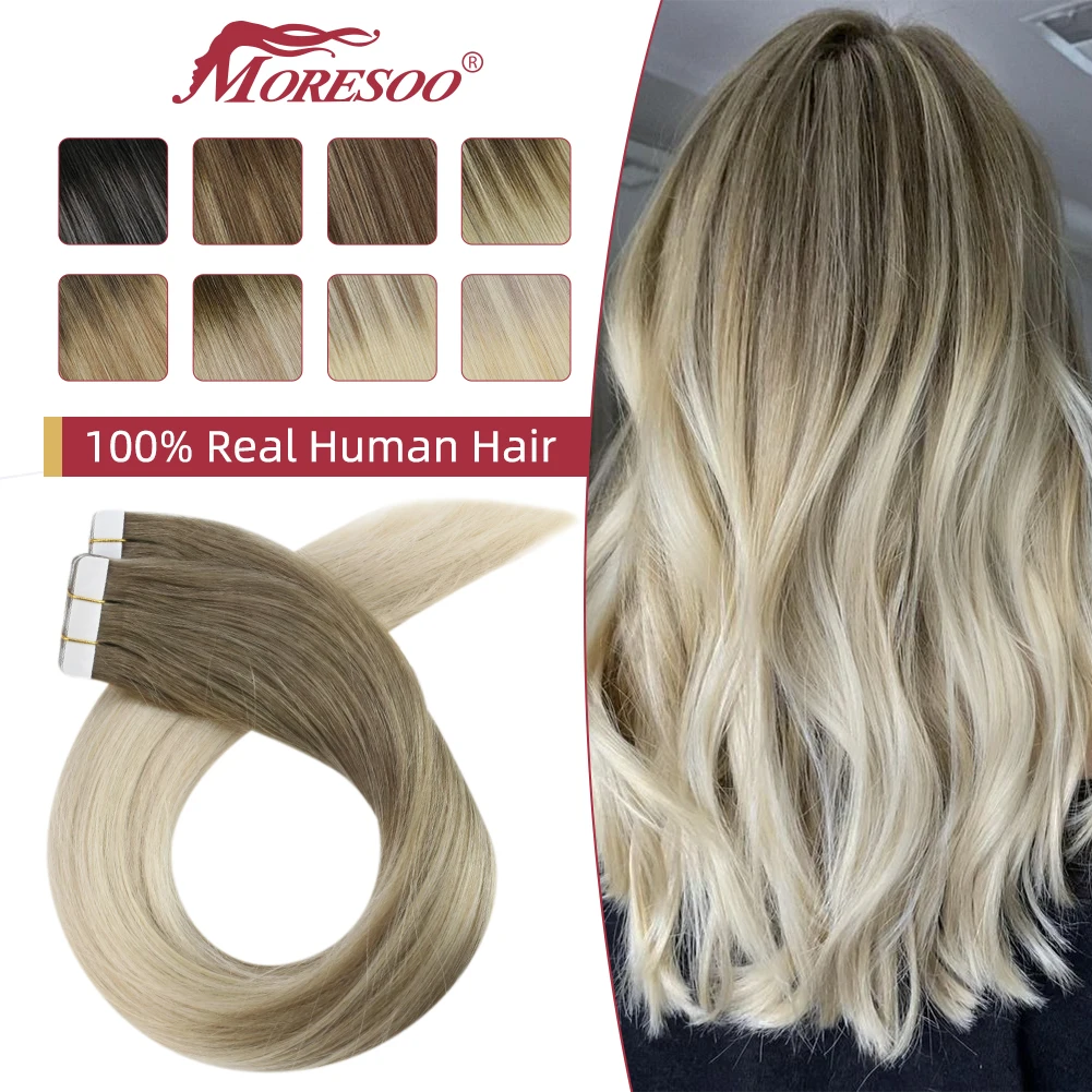 Moresoo Hair Extension Tape in Human Hair 40 Pcs Straight Balayage Ombre Color 100g/pack Remy Skin Weft Brazilian Hair Piece