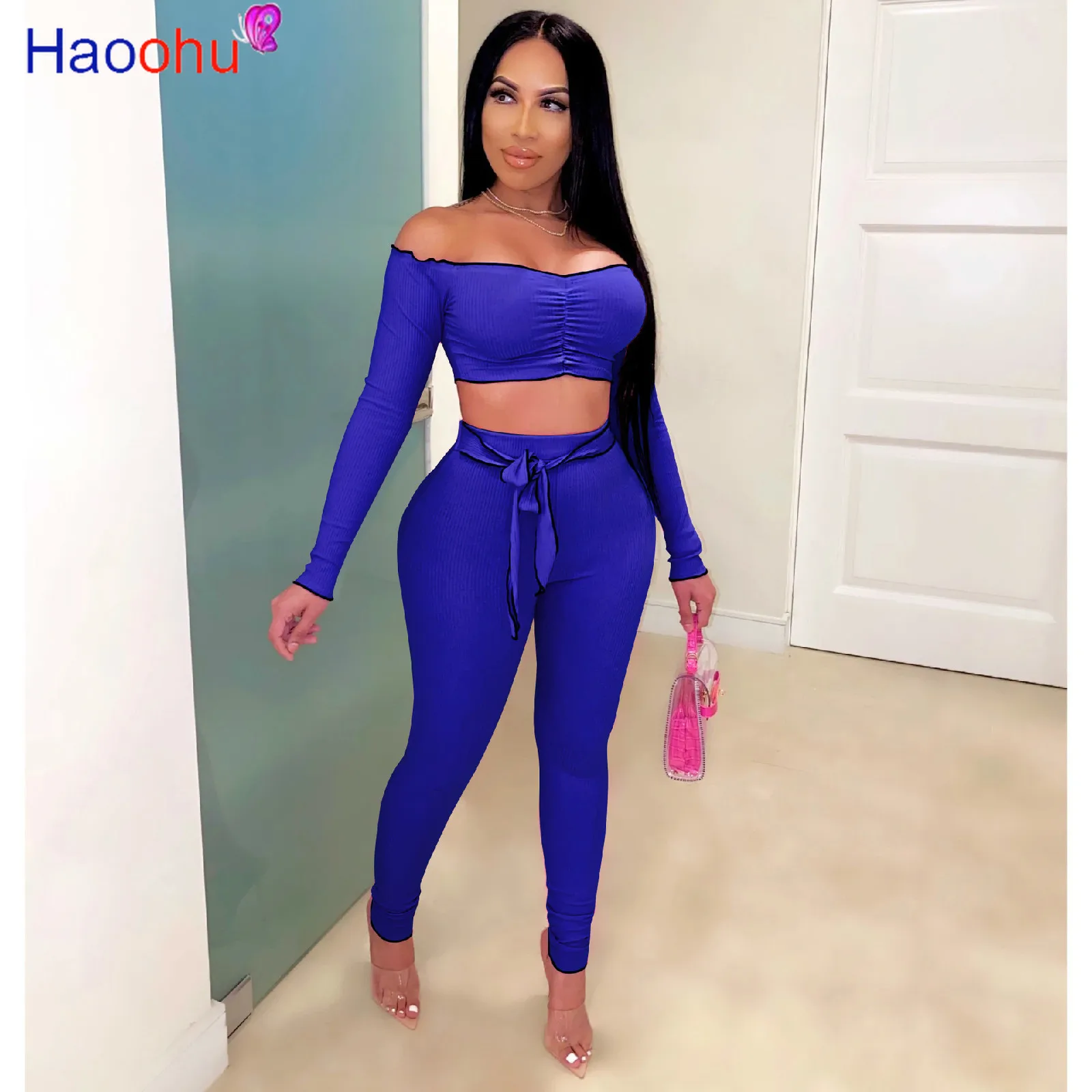 

HAOOHU Women Sets Autumn Tracksuits Striped Sportswear Off Shoulder Crop Tops Leggings Pants Suit Two Piece Set 2 Pieces Outfits