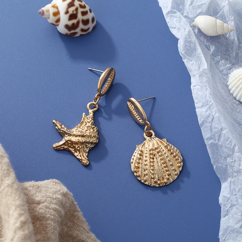 Корейские новые модные массивные серьги в виде раковины асимметричные Золотые