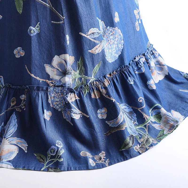 

Tencel Denim Skirt Mid-Long Summer Thin Print 2021 New Thin A-Line Full-Length Women's Wear Leisure Time