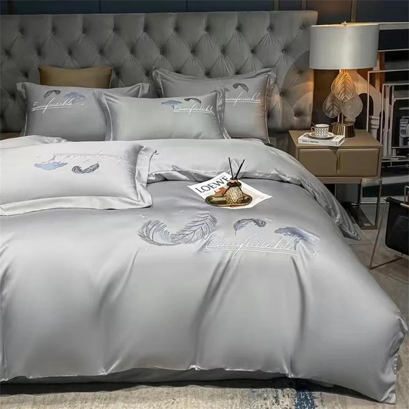 

Feather Embroidery LUXURI BEDDING SET Soild Color BED COVER Super Soft DUVET COVER SET Bed linen BED SHEET SET