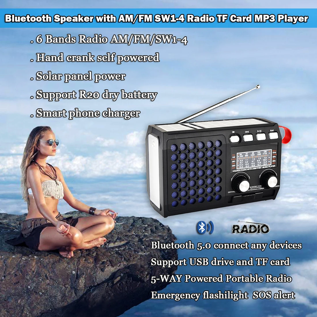 2021 Newest Emergency Radio Rechargeable Portable FM AM SW1-4 with Bluetooth Speaker USB disk or TF Card MP3 Music Player | Электроника