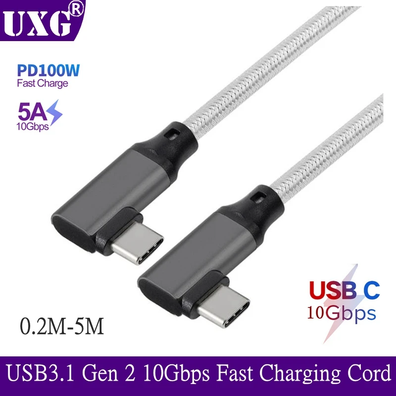 

90 Degree 100W PD 5A Type C 4K 60HZ Cable USB-C USB3.1 Gen 2 10Gbps Fast Charging Cord For VR Mac Pro SAMSUNG S20 Ultra QC 4.0