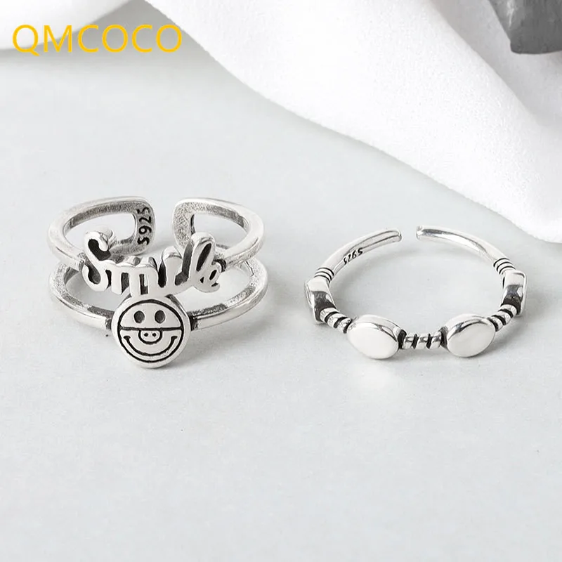 

QMCOCOSilver Color Double Wide Ring Women Fashion Smile Face Lettern Pig Nose Punk Classic Open Adjustable Ring Jewellery Gifts