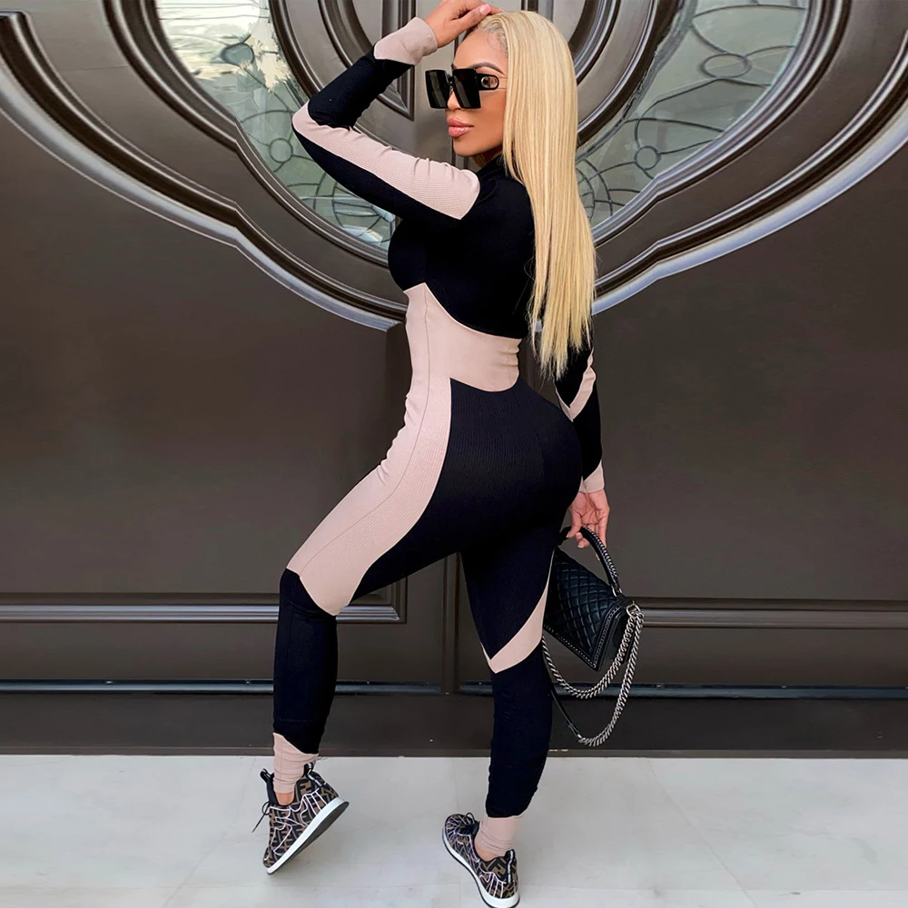 

Activewear Color Match Casual Sport Overall Women Deep V Neck Long Sleeve Workout Jumpsuit Casual Spring Stretchy Skinny Outfit