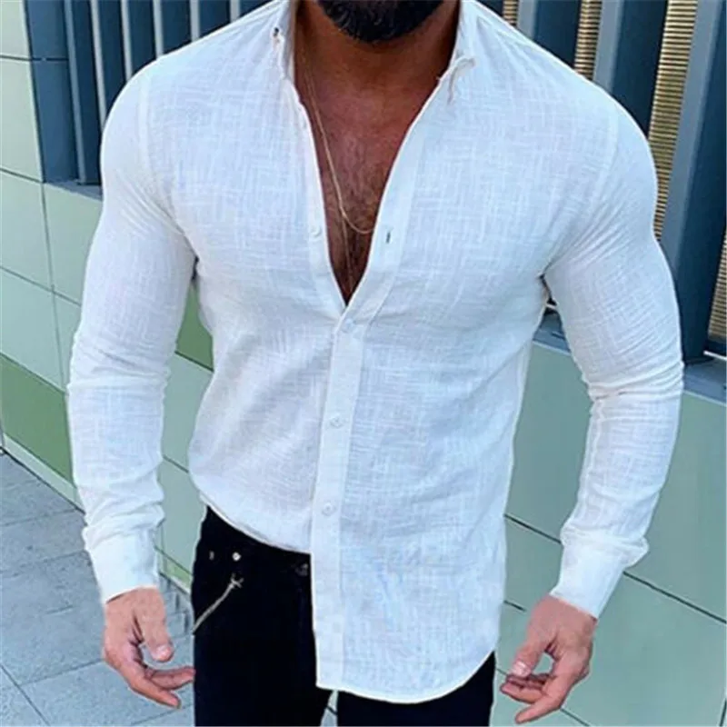 

2019 Newest Style Men Summer Hot Linen Slim Shirt Muscle Fitness Long Sleeve V Neck Shirt Buttons Soft Casual Tops Shirt Outwear