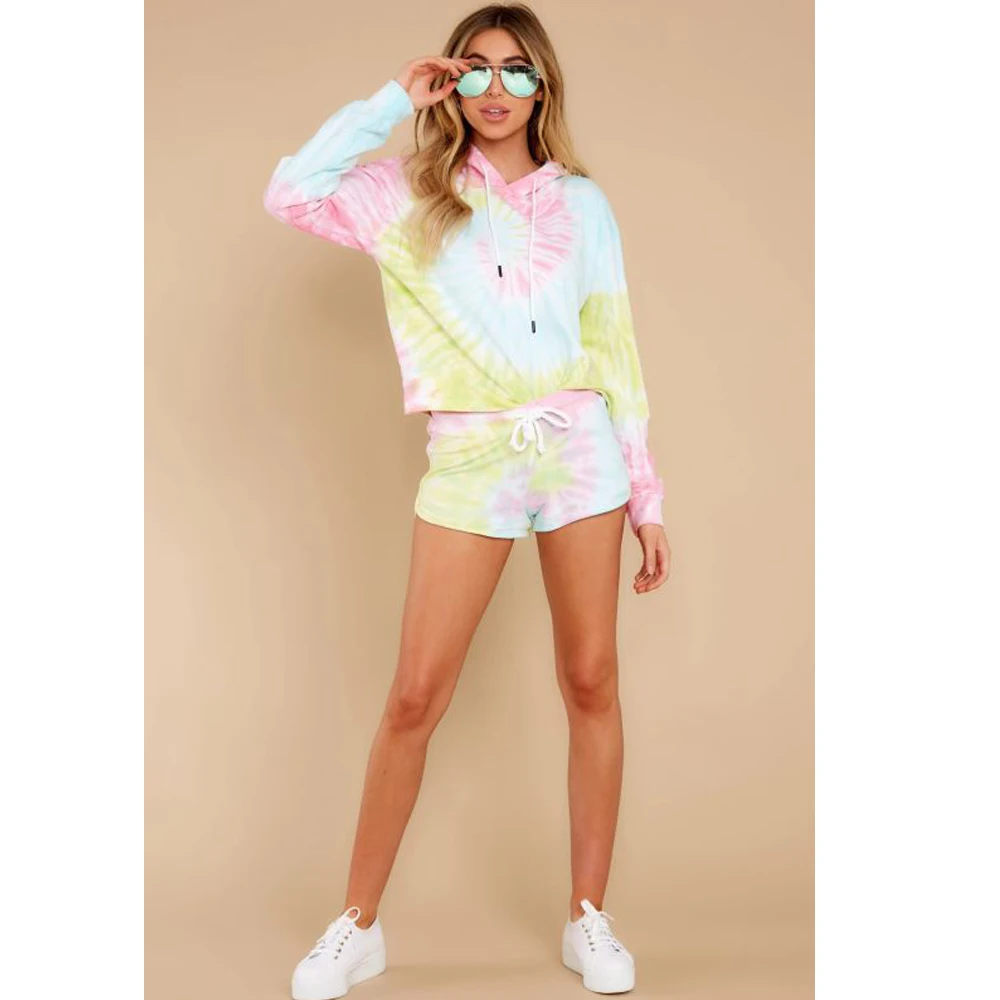 

2021 Women Tie Dye Printed Pajamas Set Long Sleeve y2k Hoodies And Lace Up Shorts PJ Set Loungewear Sportwear