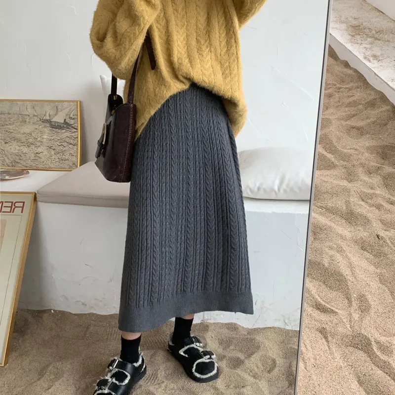 

Hzirip High Quality Casual Twisted High Waist Slim Slender Knitted Stylish Vintage Sweet Winter Brief Elastic Waist Split Skirts