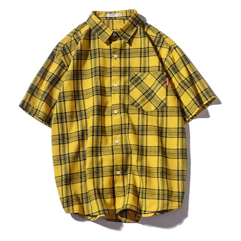 

2021 Men Oversized Cotton Plaid Shirt Man Hip Hop Patchwork Button Up Short Sleeve Shirt Couple Korean Harajuku Clothing