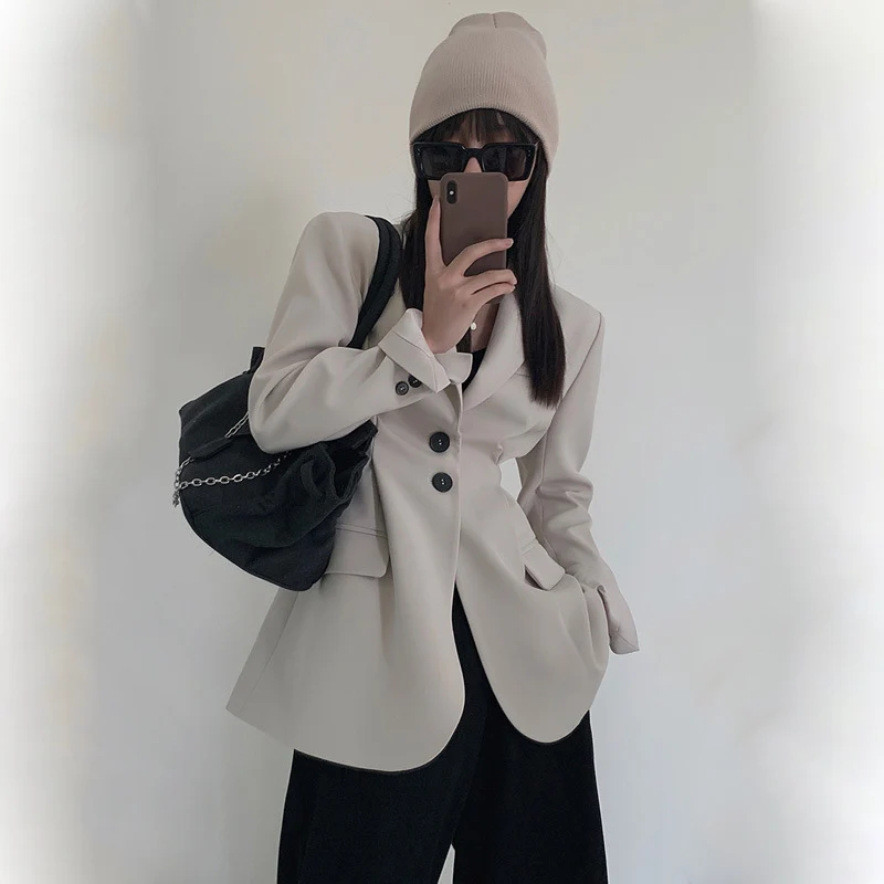 

Korean Drawstring Waist Suit Jacket Women Autumn New Solid Color Slim Blazer Woman Loose Button Coats Female Fashion