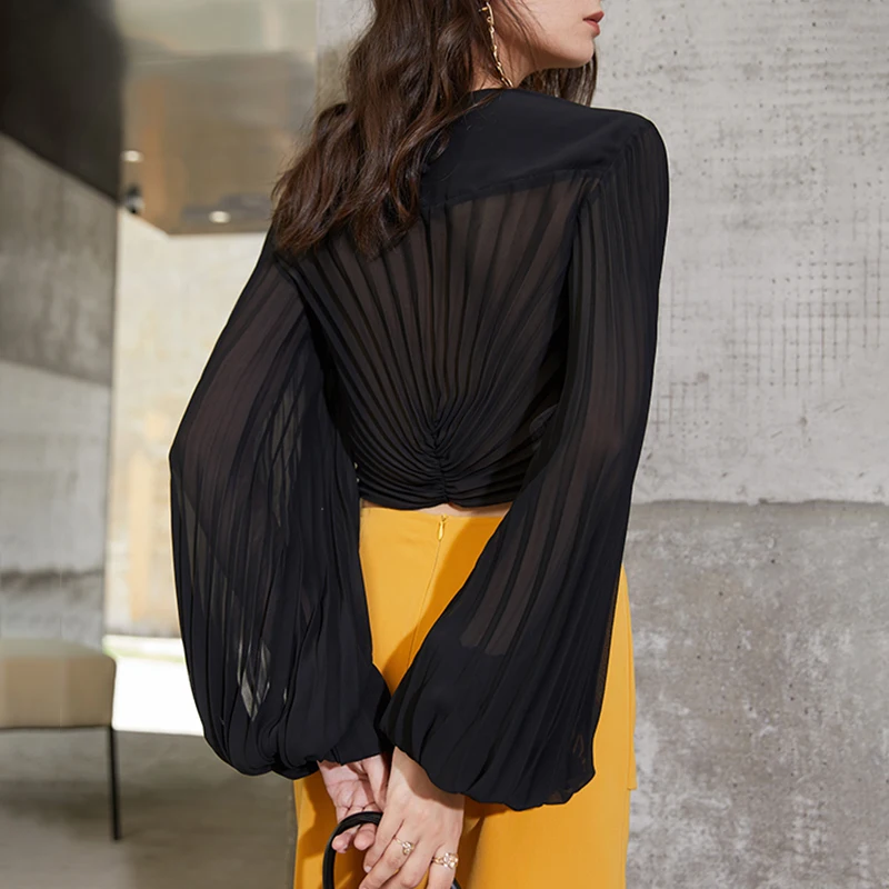 

SISPELL Ruched Lantern Long Sleeve Women's Blouse Shirt O Neck Ruched Cropped For Female Sexy Shirts Fashion New Tide 2020