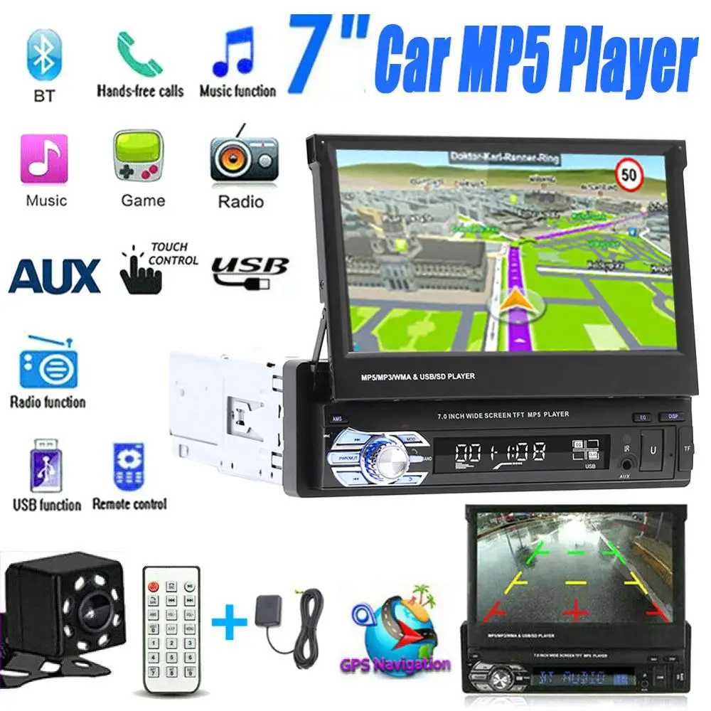 

7'' Car Stereo Audio Radio GPS Navigation Retractable Autoradio with BT DVD MP5 SD FM USB Player Rear View Camera Accessories