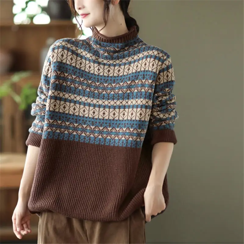 

Retro Striped Women Autumn Winter New Ethnic Sweater Half-High Neck Long Sleeve Knit Pullover Large Size Clothes Loose Top M1471