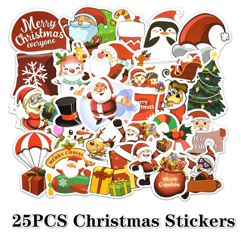 25pcs / set Merry Christmas Stickers Street Doodle Sticker Set for Christmas Day Waterproof Snowboard PVC Suitcase Sticker kids