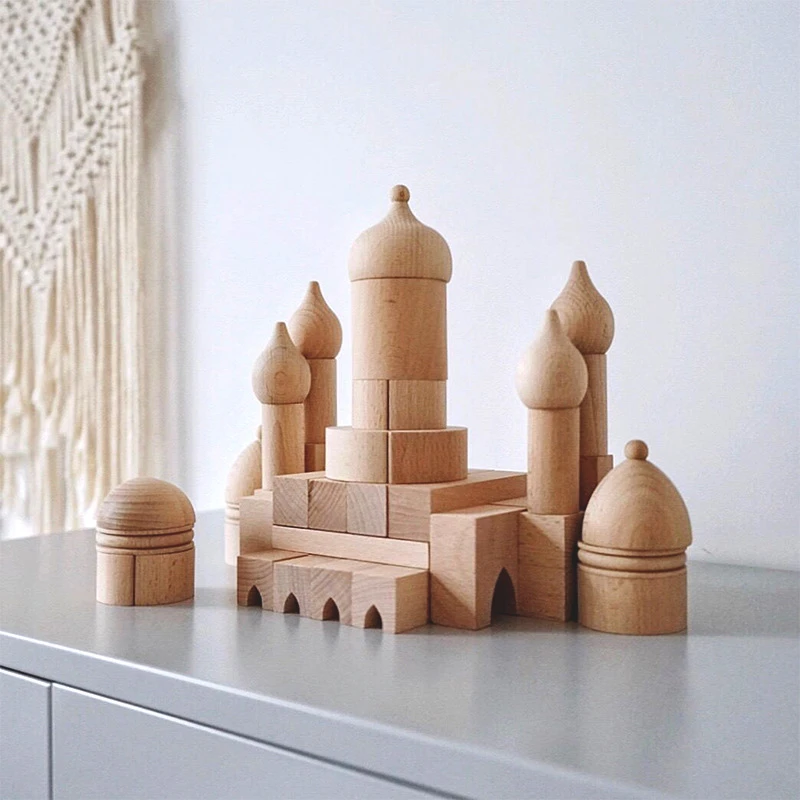 

55pcs Castle Wooden Building Block Hut Beech Baby Nordic Wood Toys Kids Geometry Blocks Creative Educational Toys For Children
