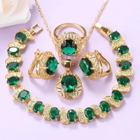 luxurious gold color dubai jewelry sets green cubic zirconia charm bracelet necklace and earrings sets for women gift